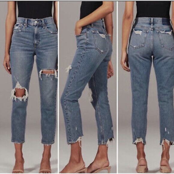 Abercrombie & Fitch Distressed High Rise Mom Jeans Stretch Blue Size 37 Plus 24R - Picture 1 of 8